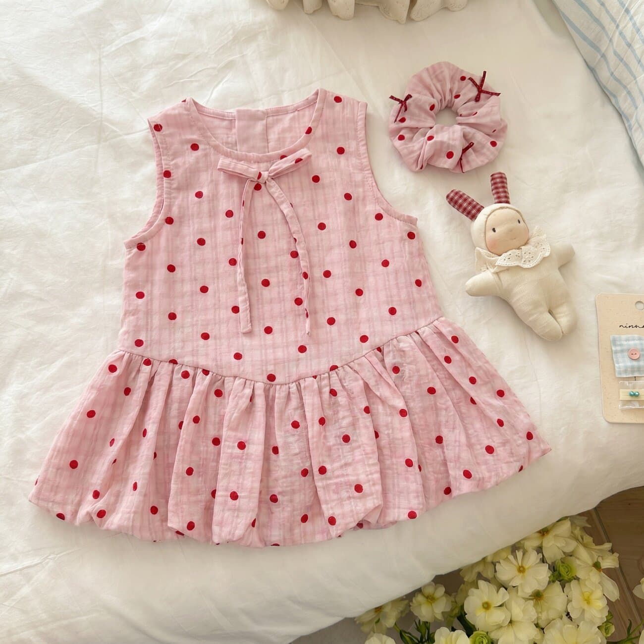 Free Hair Tie! New Girl Pink Polka Dot Dress Summer Sweet Princess Dress Sleeveless Vest Dress Baby Girl