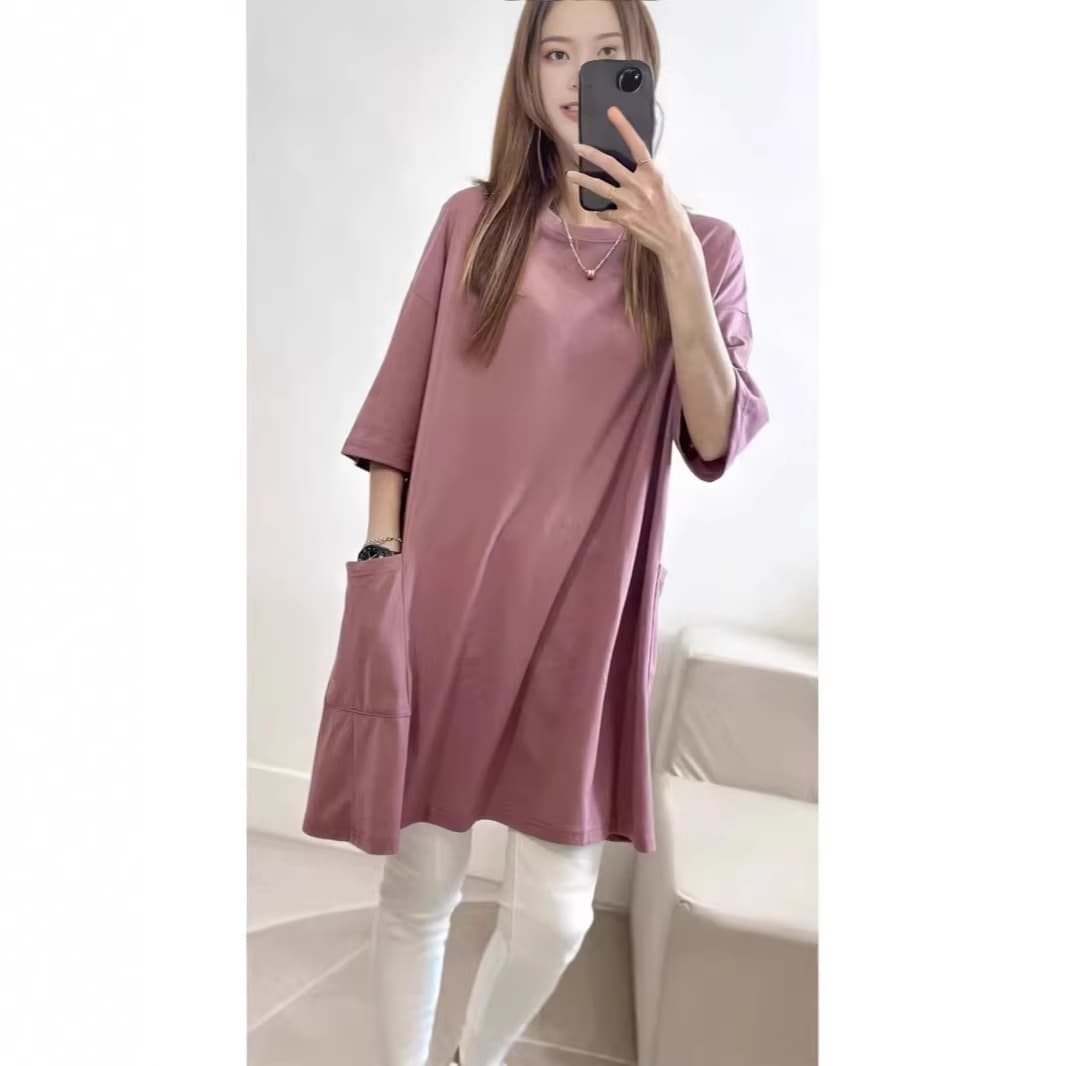 2026 Korean Style Mid-Length Loose Round Neck T-Shirt for Women Plus Size 200 lbs Tummy Control Top