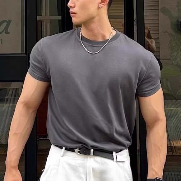 New Versatile American Solid Color Fitness T-Shirt Quick-Dry Cool Feel Cuffed Inner Layer Muscle Fit Short Sleeve Men