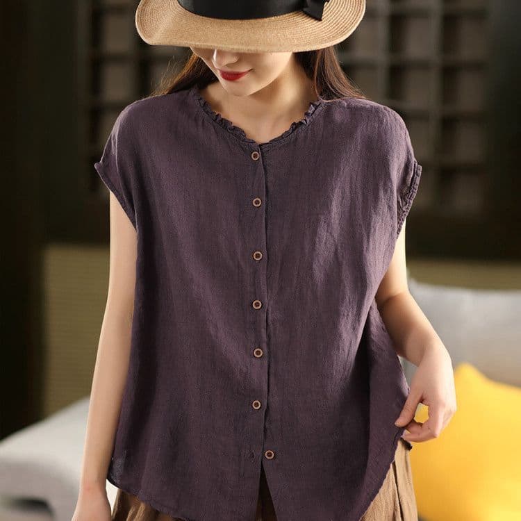 Heavy Cotton Linen Notch Lapel Shirt Women 2026 Summer Retro Sleeveless Shirt Single-Breasted Cardigan Versatile Top