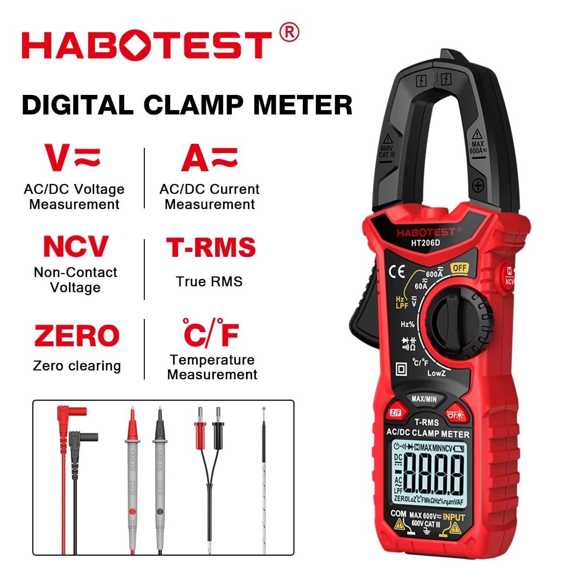 Huabo HT206D digital clamp meter AC and DC current 600A multimeter voltage capacitance resistance NCV measurement