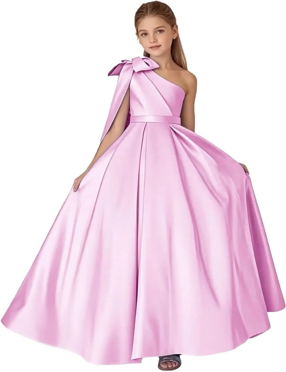 One-Shoulder Satin Flower Girl Dress 2025 New Girls Ball Gown Long Dress Bow Princess Dress Party Dress