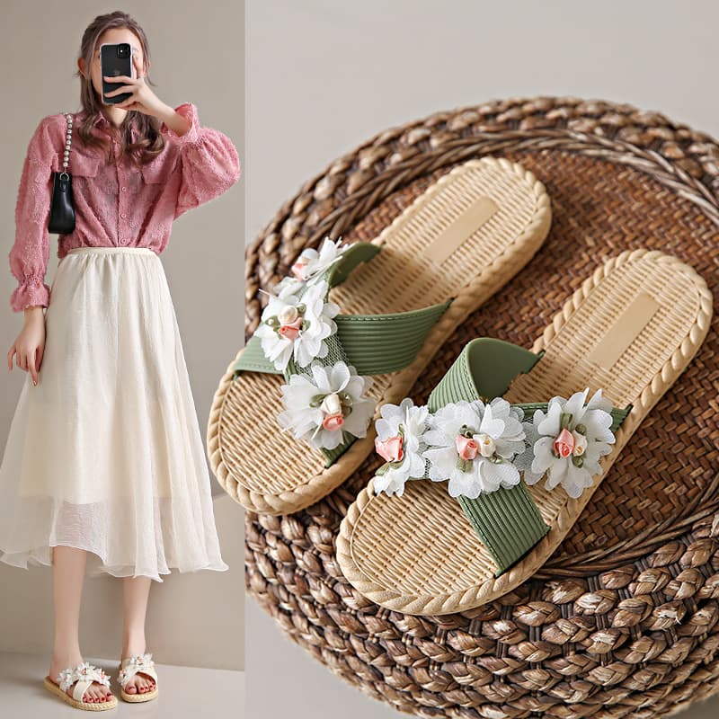Fabric three-flower slippers for women's summer outerwear fashion wear-resistant non-slip cross-strap flat beach shoes women's sandals