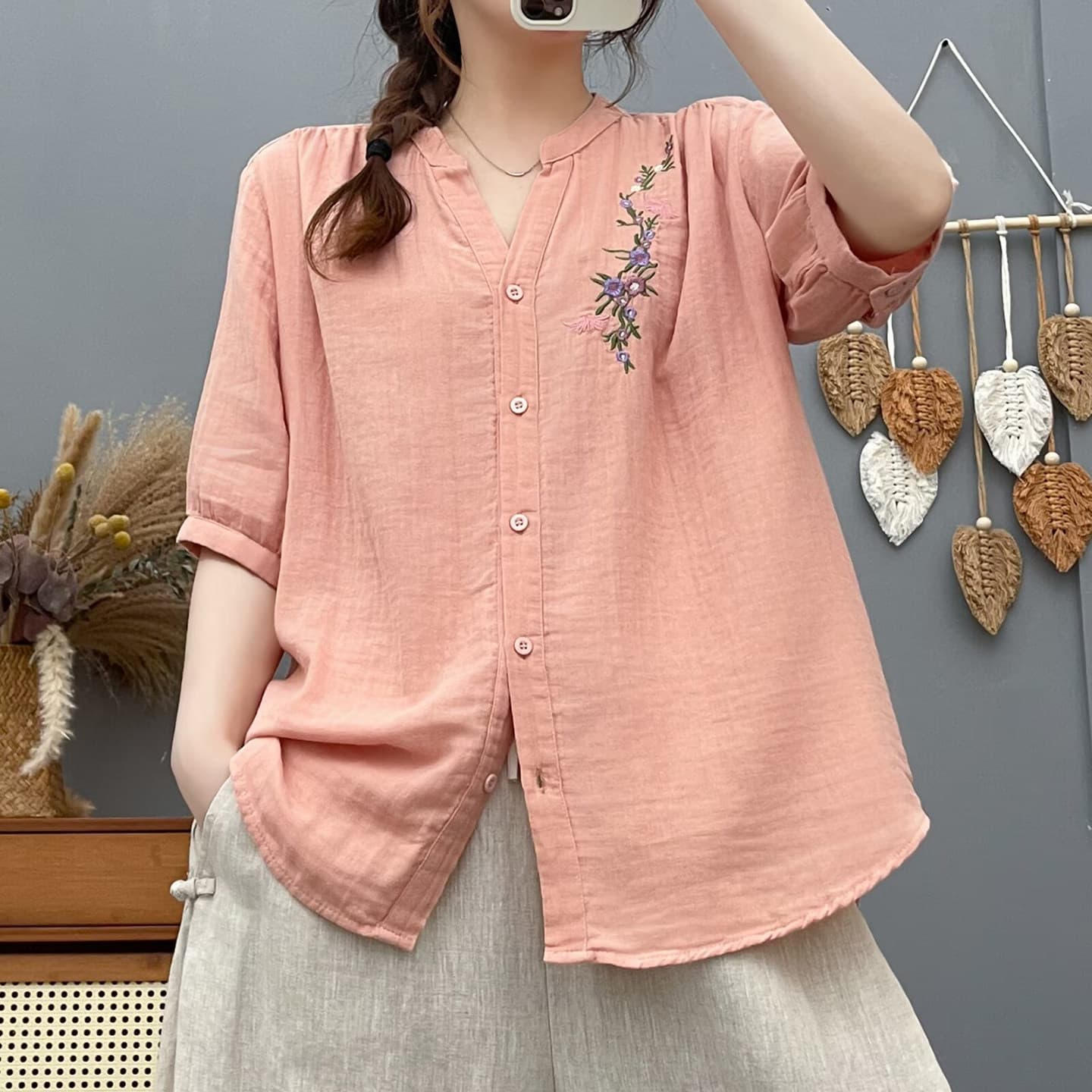 Double-Layer Cotton Voile V-Neck Short Sleeve Blouse Women's Summer Forest Style Artistic Embroidery Soft Skin-Friendly Top