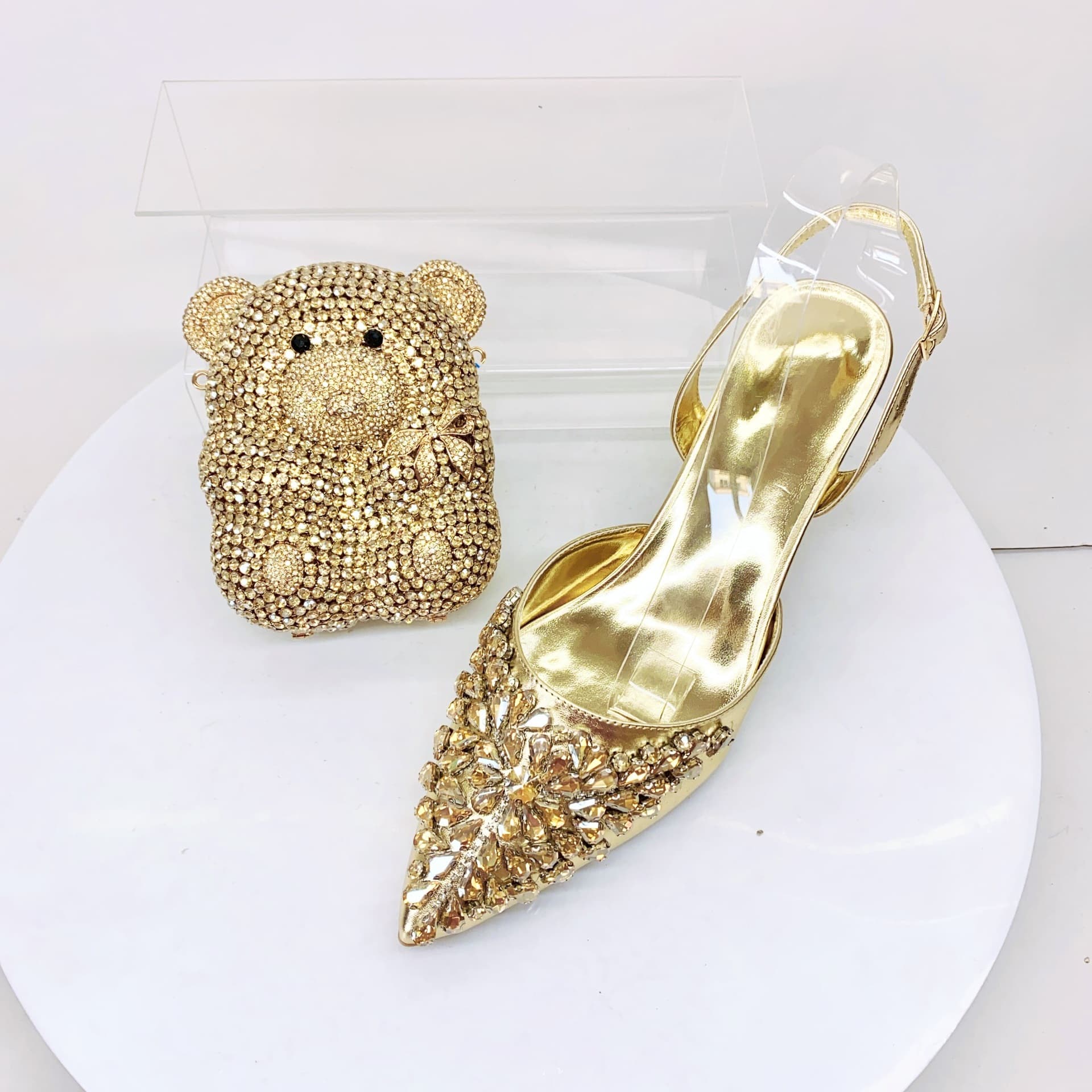 High Heel Sandals with Thin Heel, Small Size, Pointed Toe, Rhinestone Mesh Heels, Closed-Toe Sandals with Matching Bag Set, Full Rhinestone Sandals
