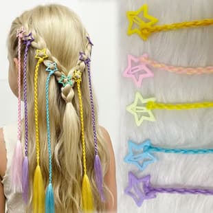 Korean Style Pink Glitter Star Hair Clip for Kids, Sweet Korean Style 5-Piece Set, Star Braid Hair Tie for Children