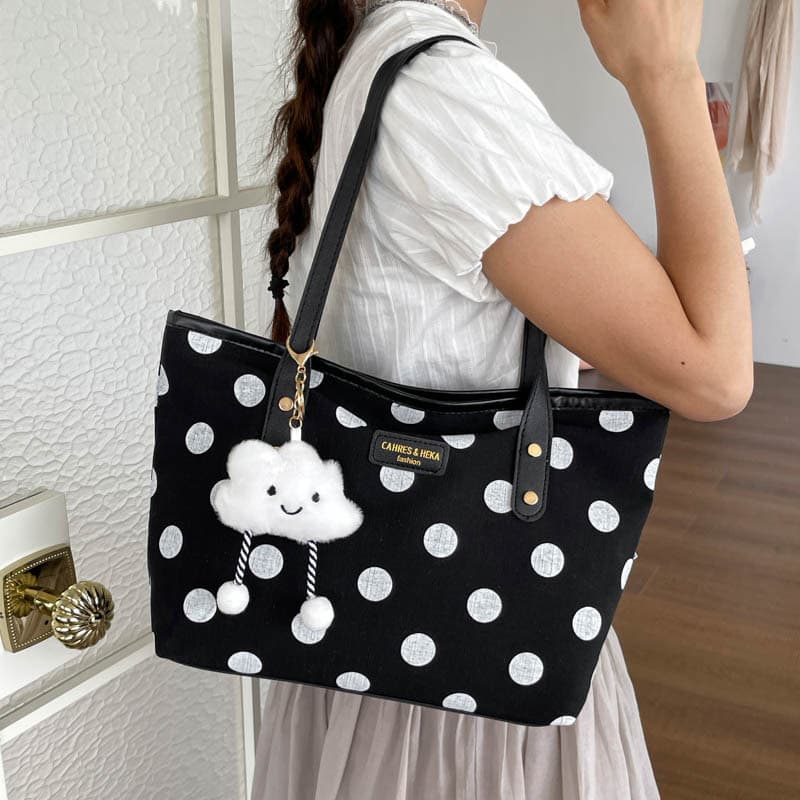 Polka Dot Tote Bag for Women Large Capacity Shoulder Bag 2026 New Versatile Commuter Handbag with Cute Cloud Charm