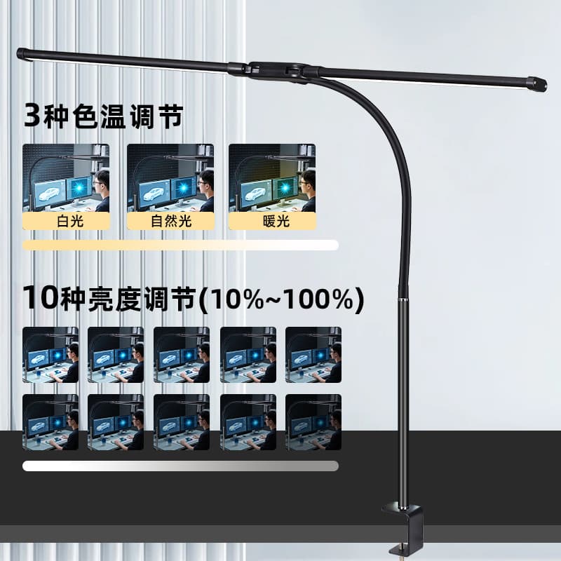 Cross-border Eye-Caring Desk Lamp with Goose Neck Dual-head Clip, LED Study Work Lamp for Computer Desk Lighting