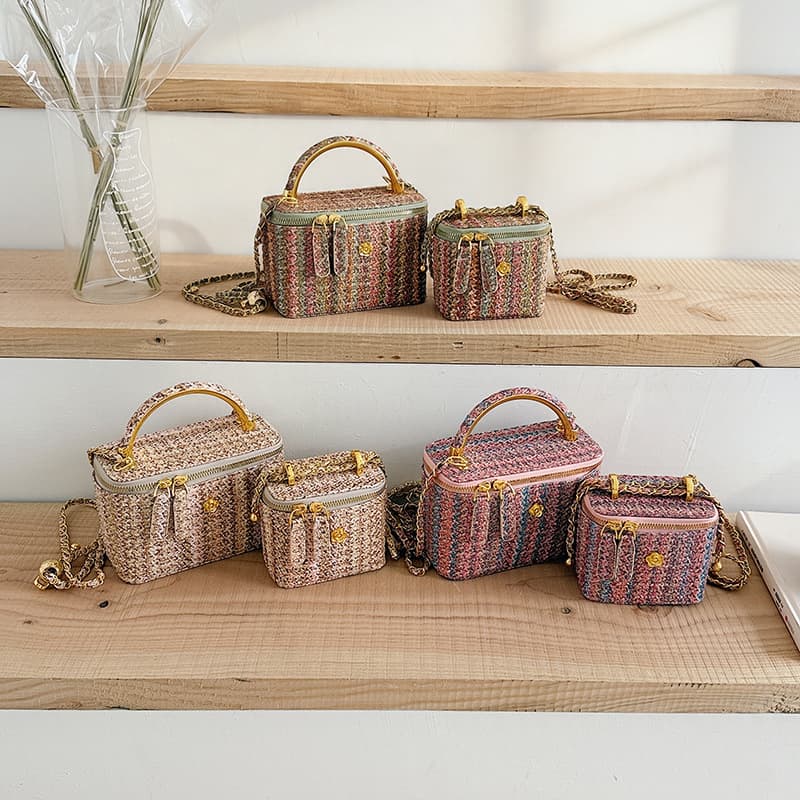 2026 Spring and Summer New Style Simple Cosmetic Bag Box Straw Woven Bag Woven Handbag Beach Bag Single Shoulder Crossbody Bag