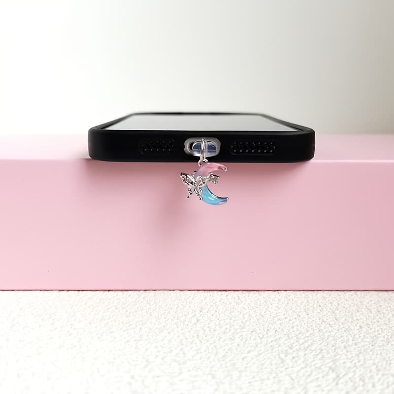 Phone Dust Plug [Butterfly Phone Accessory] Baroque Style Alloy Dust Plug Pink Butterfly and White Ball
