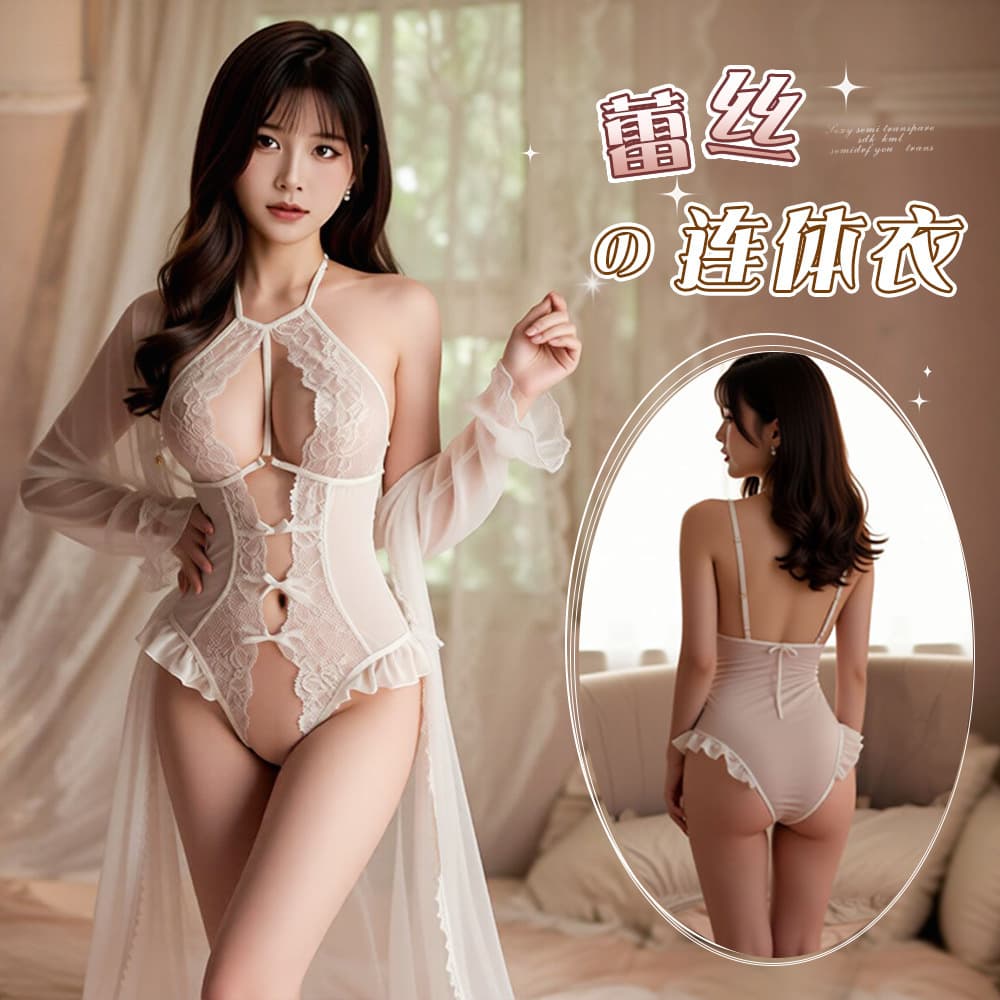 Hemei Lingerie Sexy Lace Hollow Cutout Open Crotch One-Piece Bodysuit Transparent Tie-Up Women's Lingerie