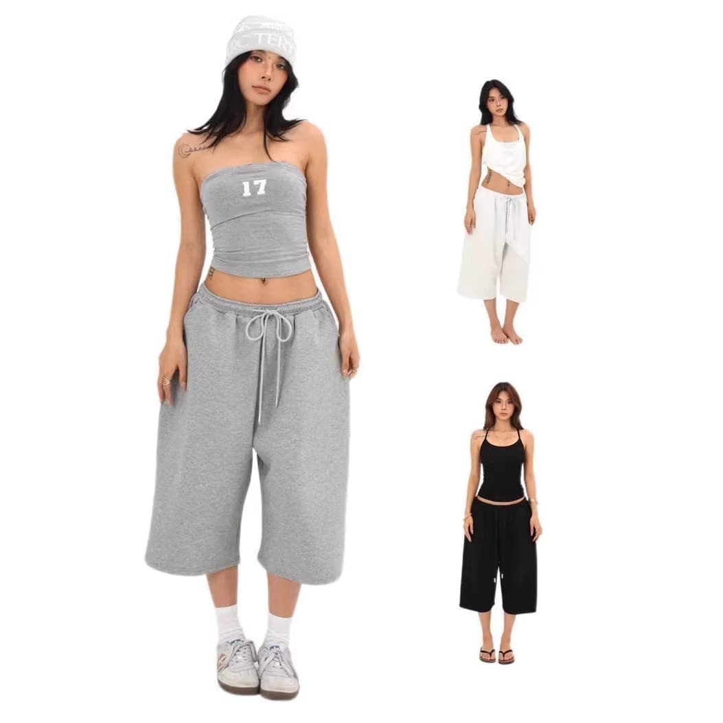 2026 Spring/Summer New American Simple Solid Color Thin Shorts Unisex Seven-Tenths Pants Loose Casual Wide Leg Pants Mid-Length Shorts