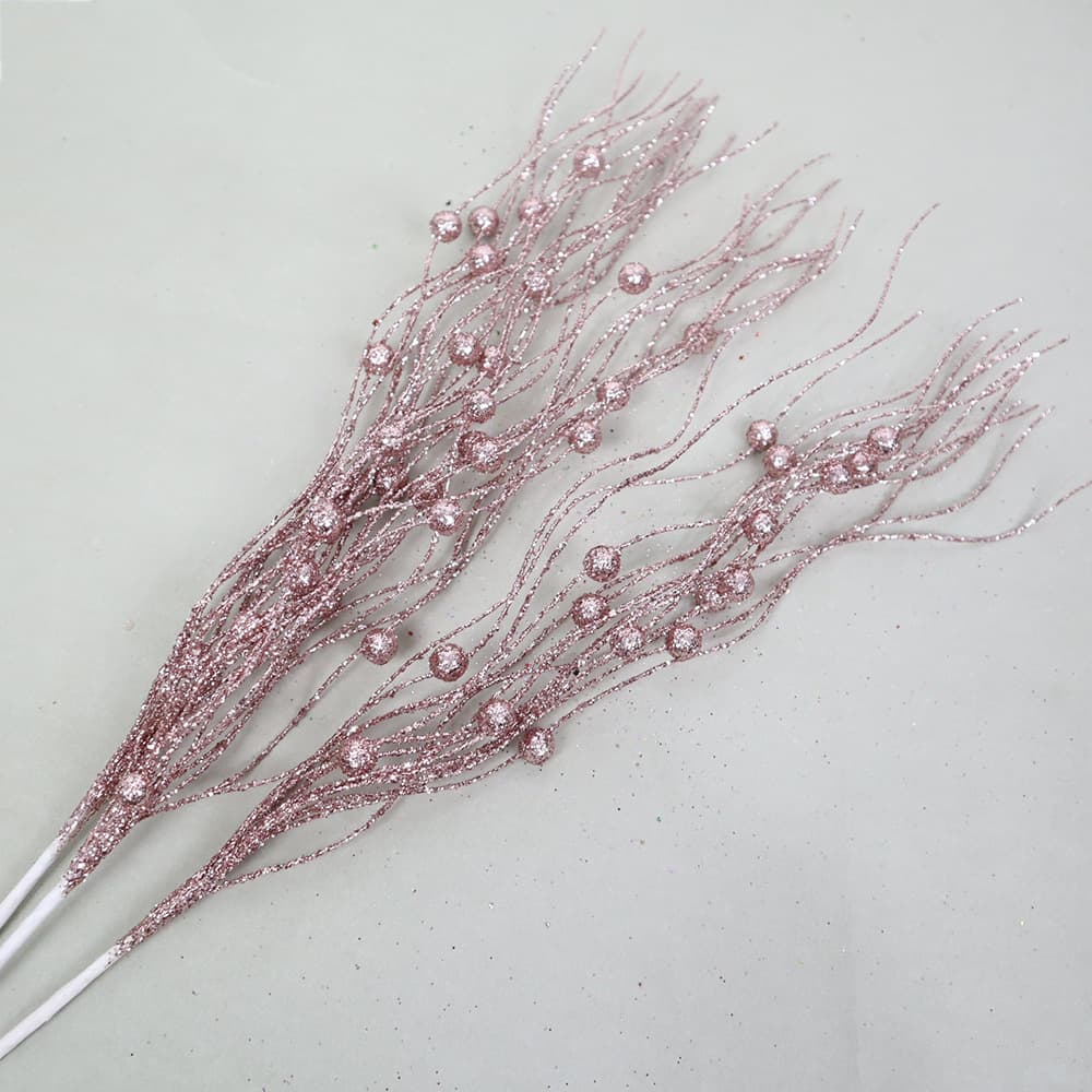 15-Branch Curved Ribbon Berry Branch with Gold Glitter, Christmas Decoration Party Setup, Glitter Series Artificial Plant