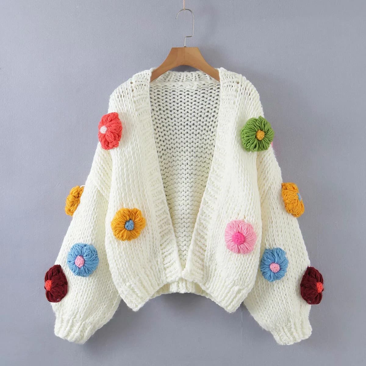 European and American Style Chunky Knit Handmade Flower Lantern Sleeve Cardigan for Women, Loose and Relaxed Fit, Thick Knit Sweater Coat