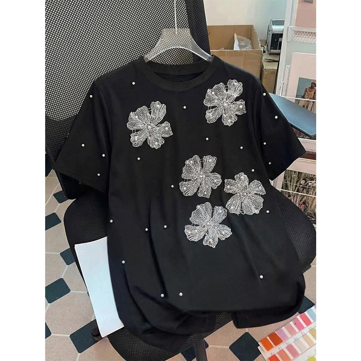 New Cross-Border Trade Plus Size Women's Heavy Embroidery Beaded Flower T-Shirt Summer Loose Slimming Black Top