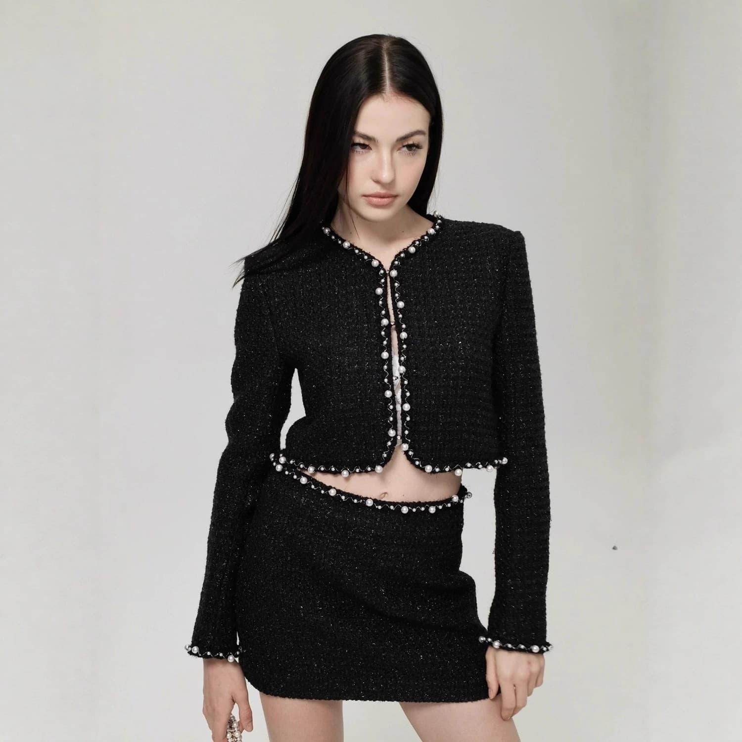 Niche Design Qianjin Set Heavy Craftsmanship Chanel-style Pearl Handmade Lace Tweed Jacket/Corset/Skirt