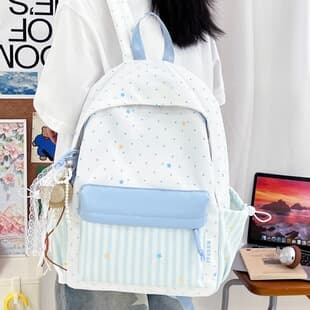 Japanese Style Polka Dot Stripe Backpack for Women, School Bag for Middle and High School Students, Casual and Versatile