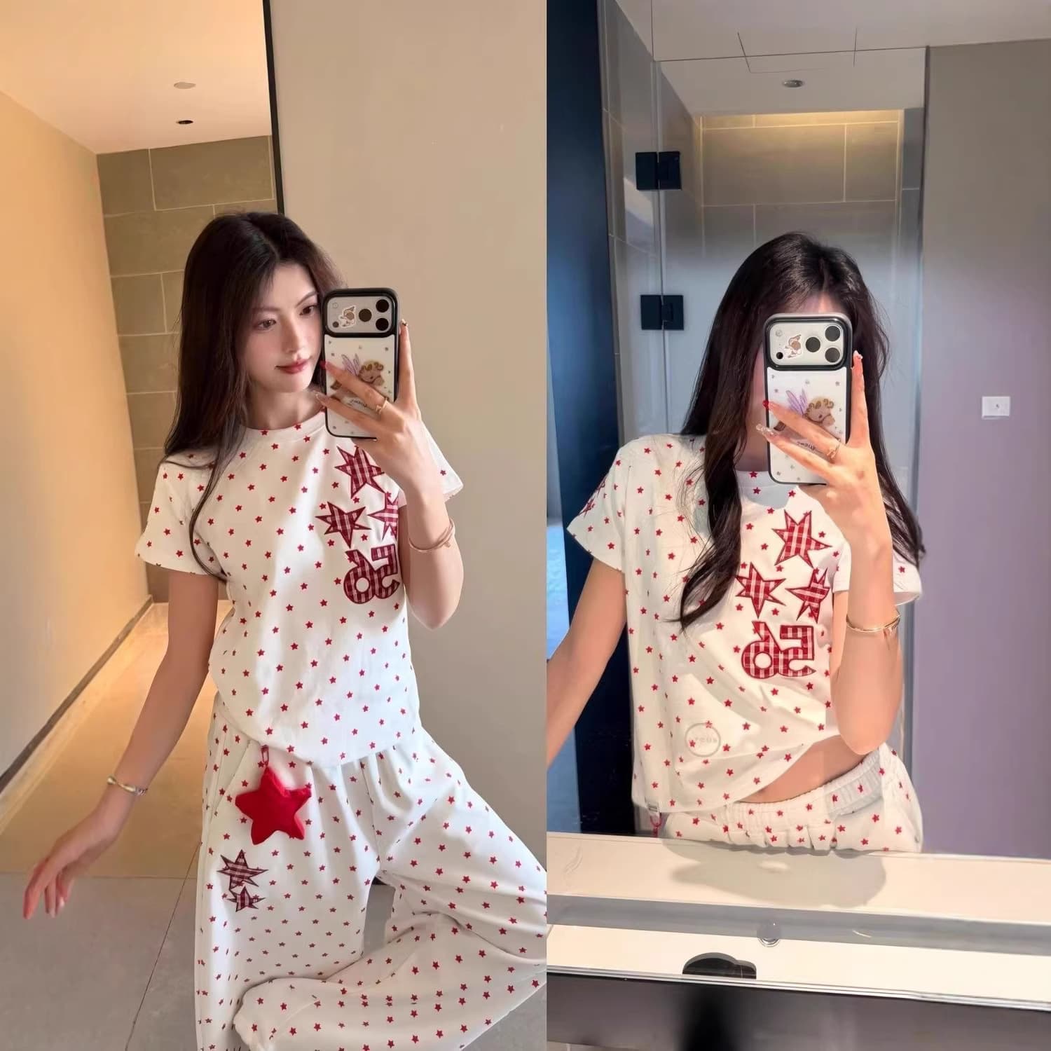 In Stock American Star Print Casual Two-Piece Set for Women Summer New Short Sleeve T-Shirt Loose Wide-Leg Pants Set