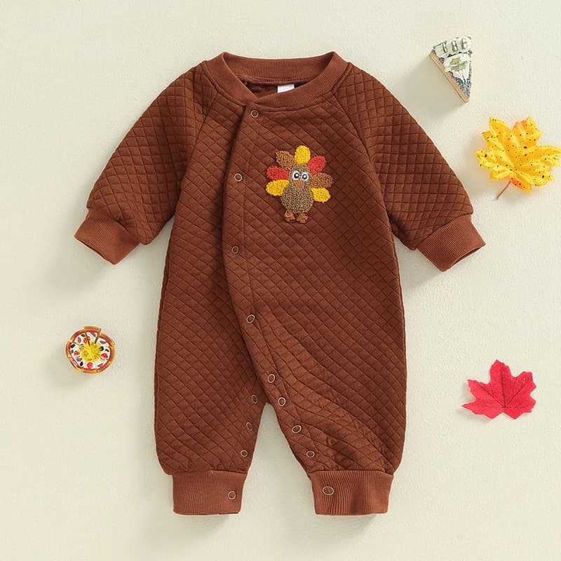 Amazon Fall/Winter Newborn Cartoon Thanksgiving Letter Turkey Embroidered Button Romper Set