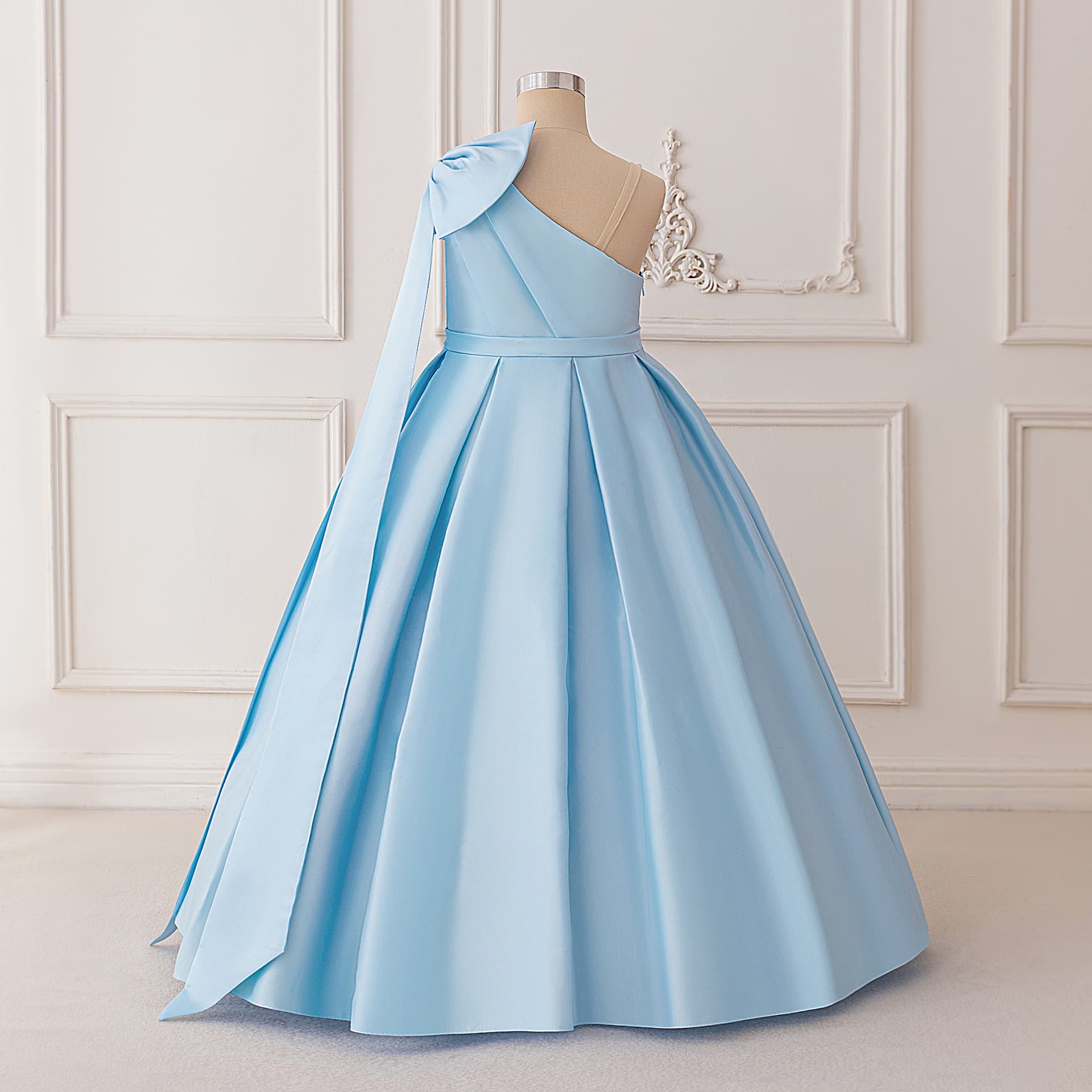 European and American Girls' Formal Dress One-Shoulder Large Bow Long Satin Gown for Hosting and Performance