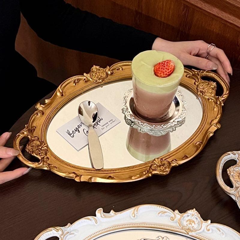 French retro glass mirror tray dinner plate ins style decorative ornaments aromatherapy jewelry display mirror storage tray