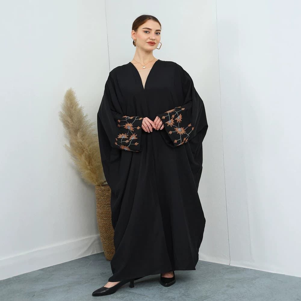 F441 Women's Embroidered Plus Size Cardigan Long Dress Fashionable Loose Batwing Sleeve Dress for Cross-Border Trade