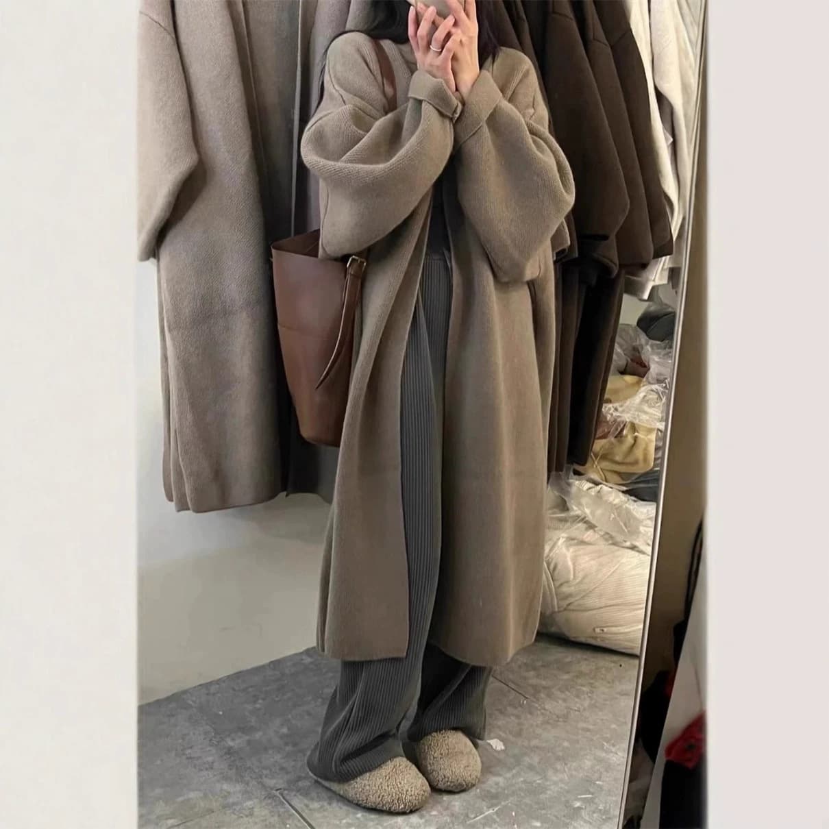 Foreign trade loose thickened double-sided knitted cardigan new style 2026 autumn and winter large size lazy style sweater women's coat long sleeves