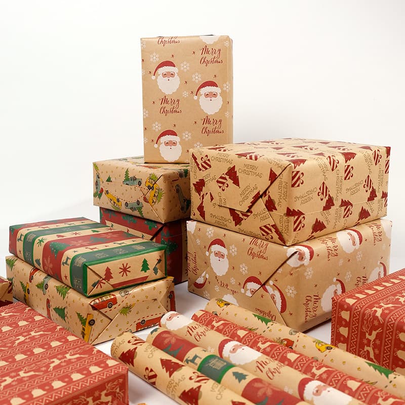 Cross-border Amazon roll-style large 3m Christmas brown paper gift wrap with reindeer and tree designs.