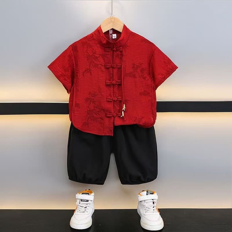 Boys New Chinese Hanfu Kindergarten Summer Student Version Trendy Retro Style Two-piece Suit Performance Clothing Shirt