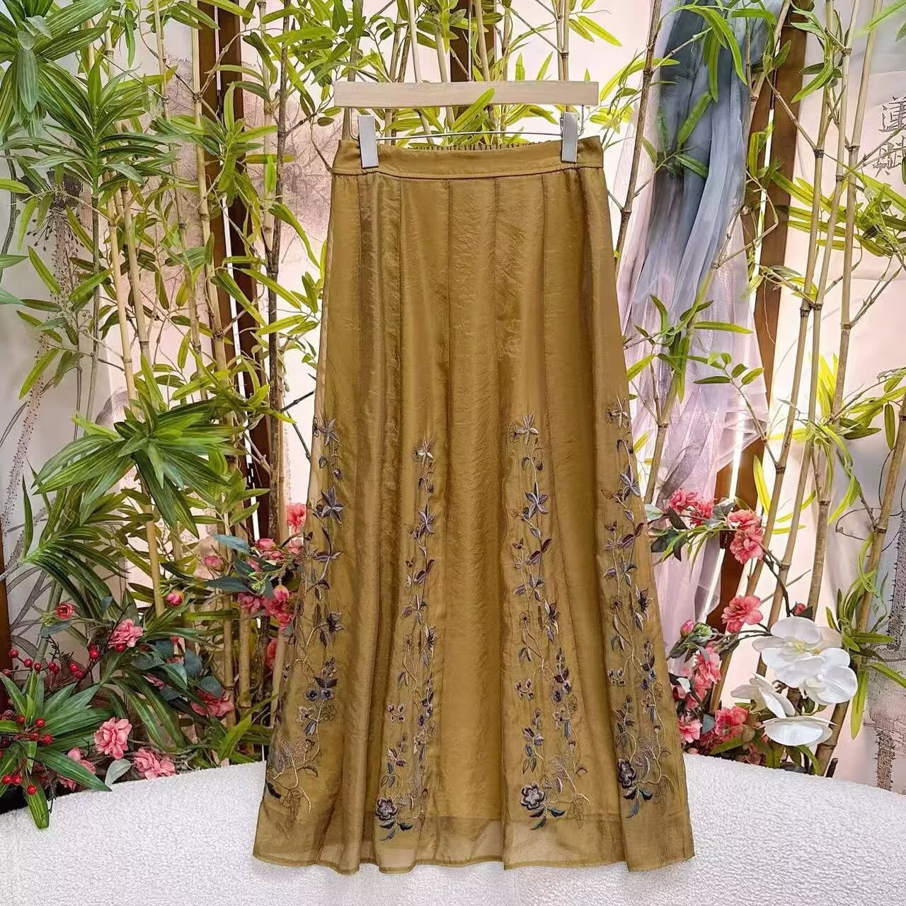 2026 Summer Organza Embroidery Slimming Versatile Skirt Loose Rest Chinese Style Summer Beautiful Skirt New Chinese Style