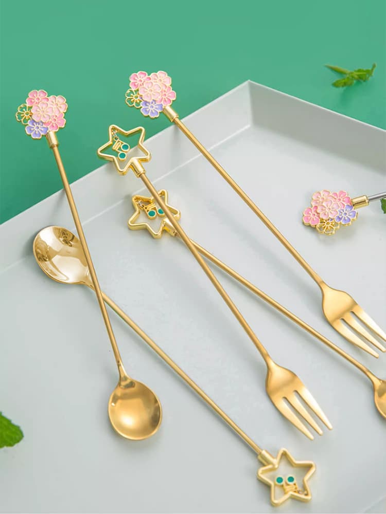 Japanese Creative Cute Stainless Steel Spoon Fork Coffee Spoon Long Handle Stirring Spoon Pendant Ins Dessert Spoon Fruit Fork