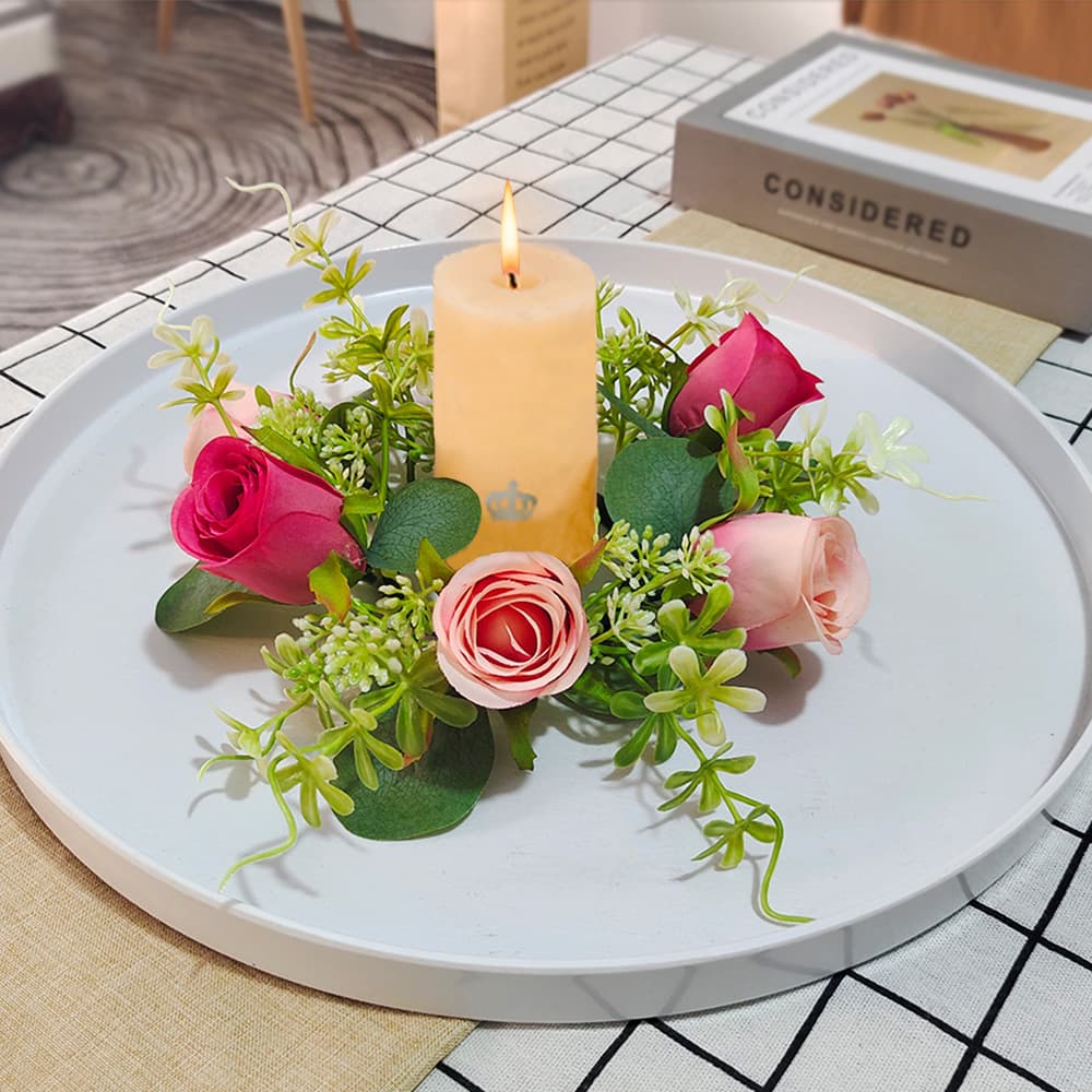 Amazon Hot Selling Artificial Rose Candle Holder Wreath European Style Festive Decorative Candle Ring Candle Cup Flower Decoration Wreath