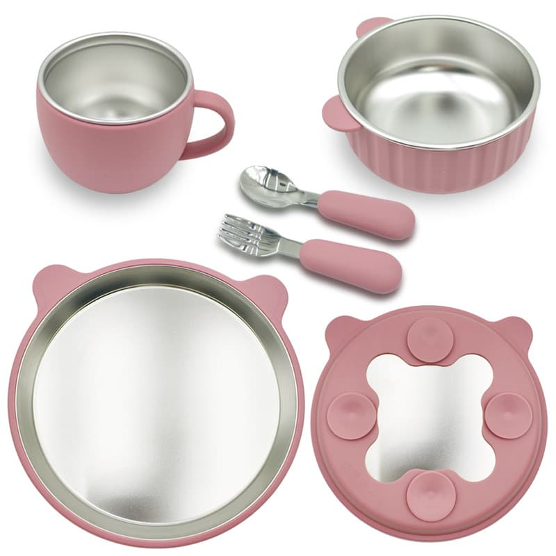 316L Stainless Steel Silicone Plate, Spoon, Fork, Baby Bowl, Baby Products, Plate, Milk Cup, Anti-Fall Children's Tableware Box Set