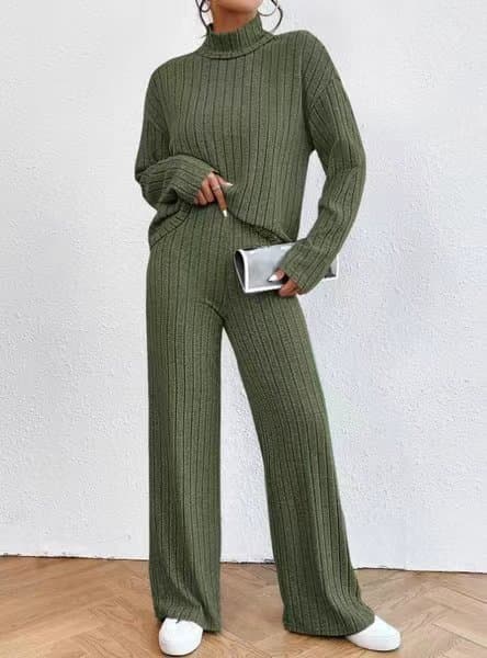 Cross-border Europe and America 2025 Fall/Winter Casual Fashion Solid Color High Neck Knit Long Sleeve Top and Pants Two-Piece Set for Women