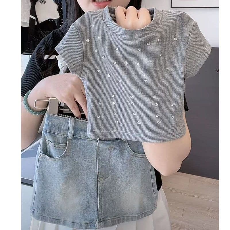 Baby Girls' Summer Rhinestone Short-Sleeve 2026 New Stylish Slim-Fit Round-Neck Children's Top