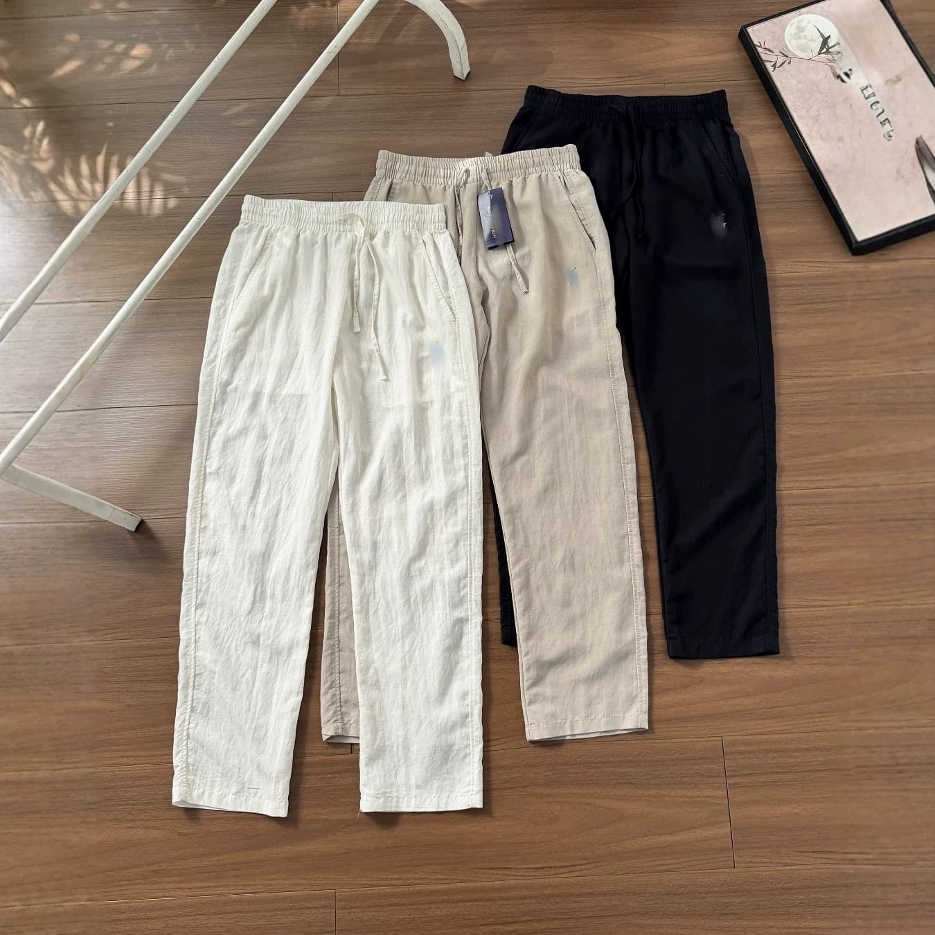 Cross-border foreign trade RL Raf pony embroidery basic versatile drawstring elastic waist cotton and linen pants casual trousers