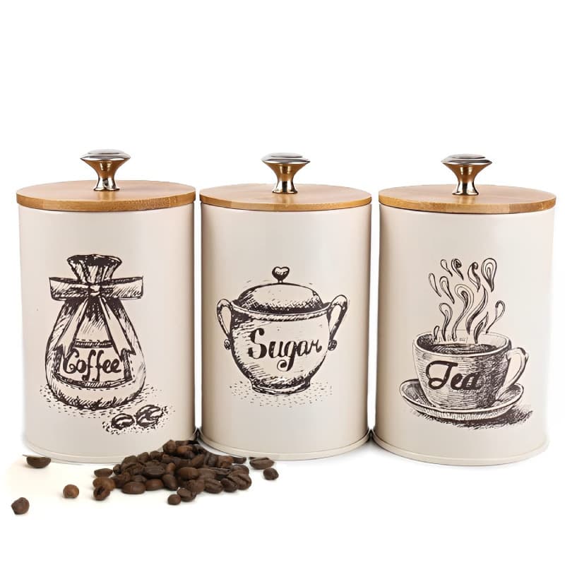 Bamboo Lid Sealed Coffee Sugar Tea Storage Canister Set 3-Piece Creative Airtight Moisture-Proof Kitchen Canister