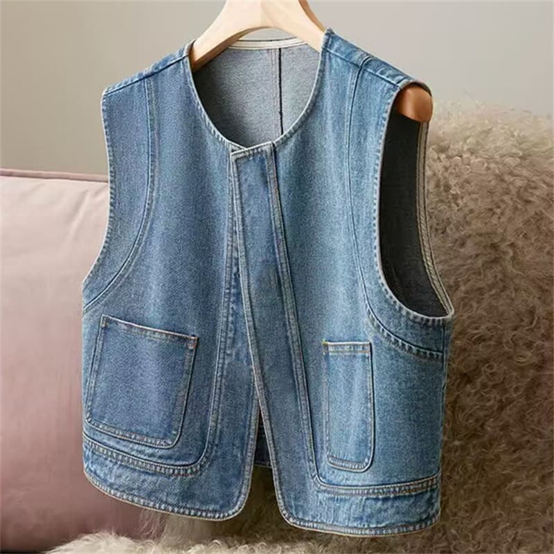 2026 New Korean Style Loose Denim Blue Outer Vest Jacket Gilet Top for Women