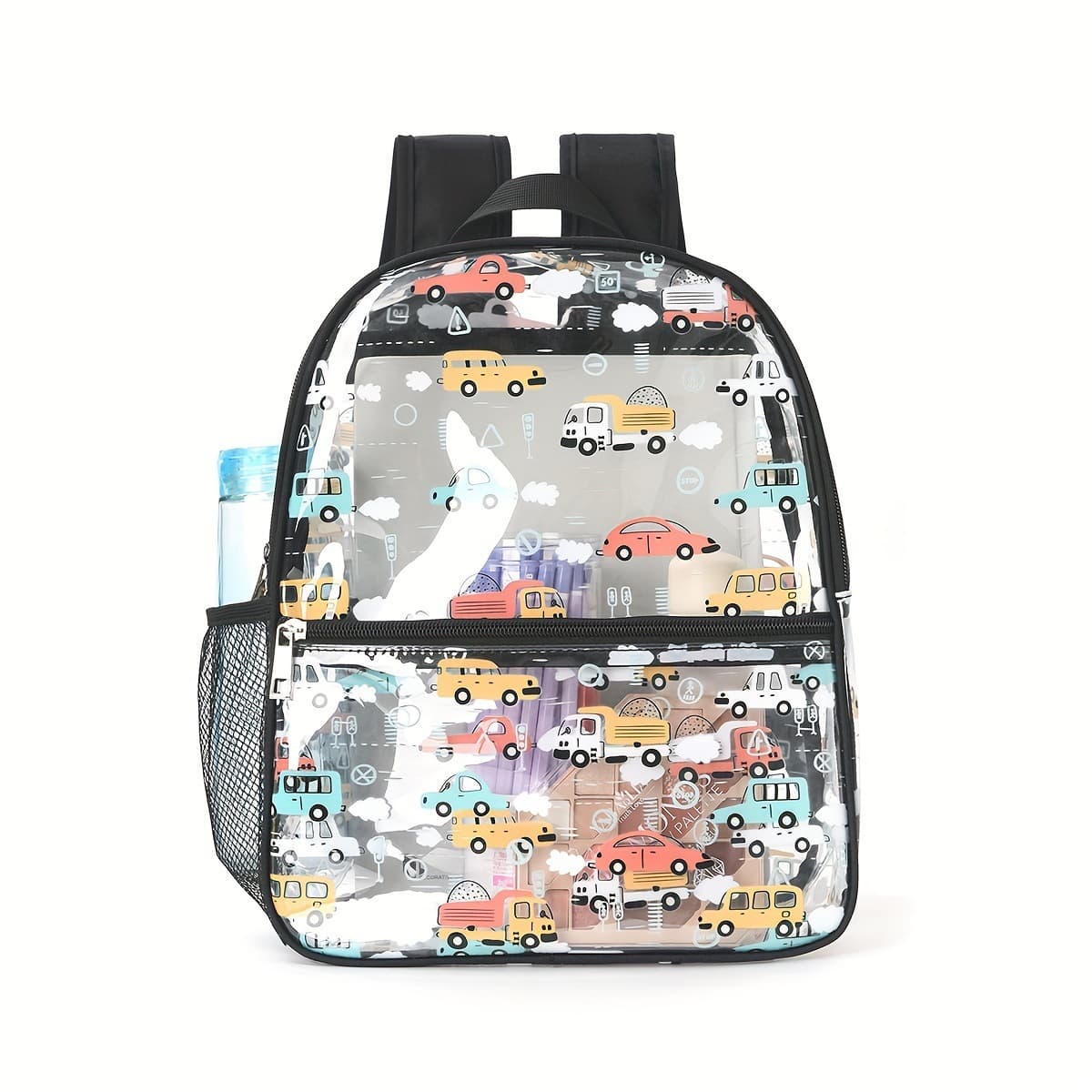 Cute children's cartoon print transparent backpack, waterproof PVC storage bag, casual backpack for elementary school students