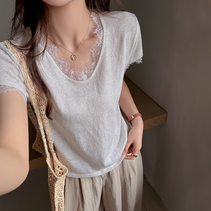 Lace splicing sexy v-neck right shoulder short-sleeved T-shirt women's summer design loose pure lust style thin high-end top