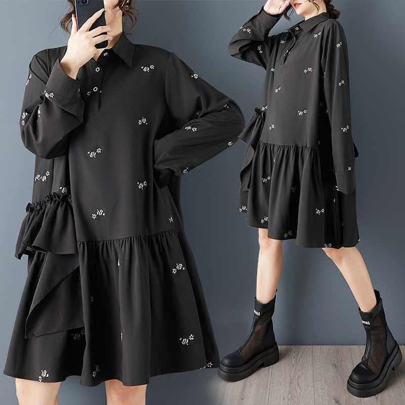 New Spring Real Shot Loose Fashion Dark Style Embroidered Pleated Ruffled Midi Dress