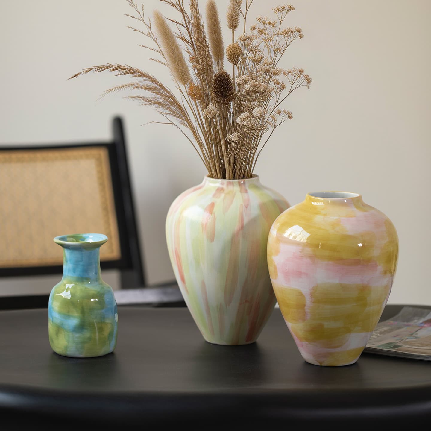 Jingdezhen watercolor round belly vase ins fresh and simple flower arrangement B&B living room countertop stoneware jar free shipping