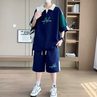 New Summer Thin Youth Set Men's Ice Silk Short Sleeve Shorts Casual Sports Set Plus Size Trendy