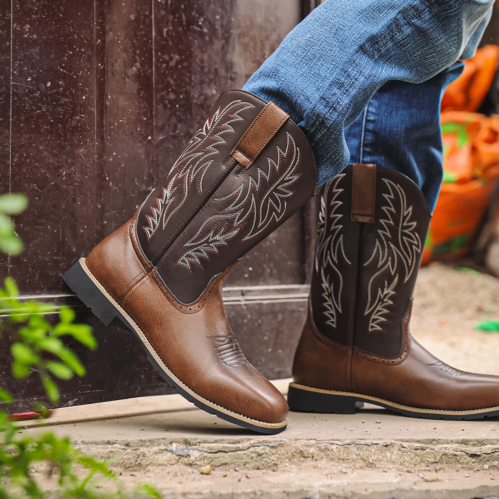 Aofu Shoes 8701 Cross-border High-top Embroidered Retro Wide-toe Western Cowboy Boots, OPP Bag Packaging, No Shoe Box