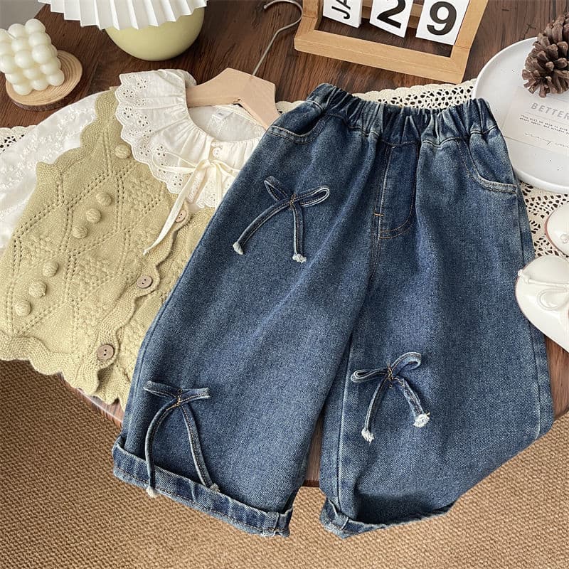 Spring Girl's Jeans New Style Autumn Loose Fit Children's Korean Bow Denim Straight Leg Pants Wide Leg Pants