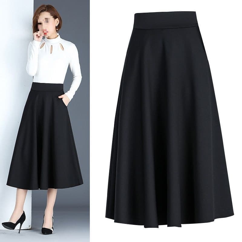 Spring/Autumn Korean Style Mid-Length High-Waist A-Line Skirt, Versatile Flared Slimming Long Skirt for Winter