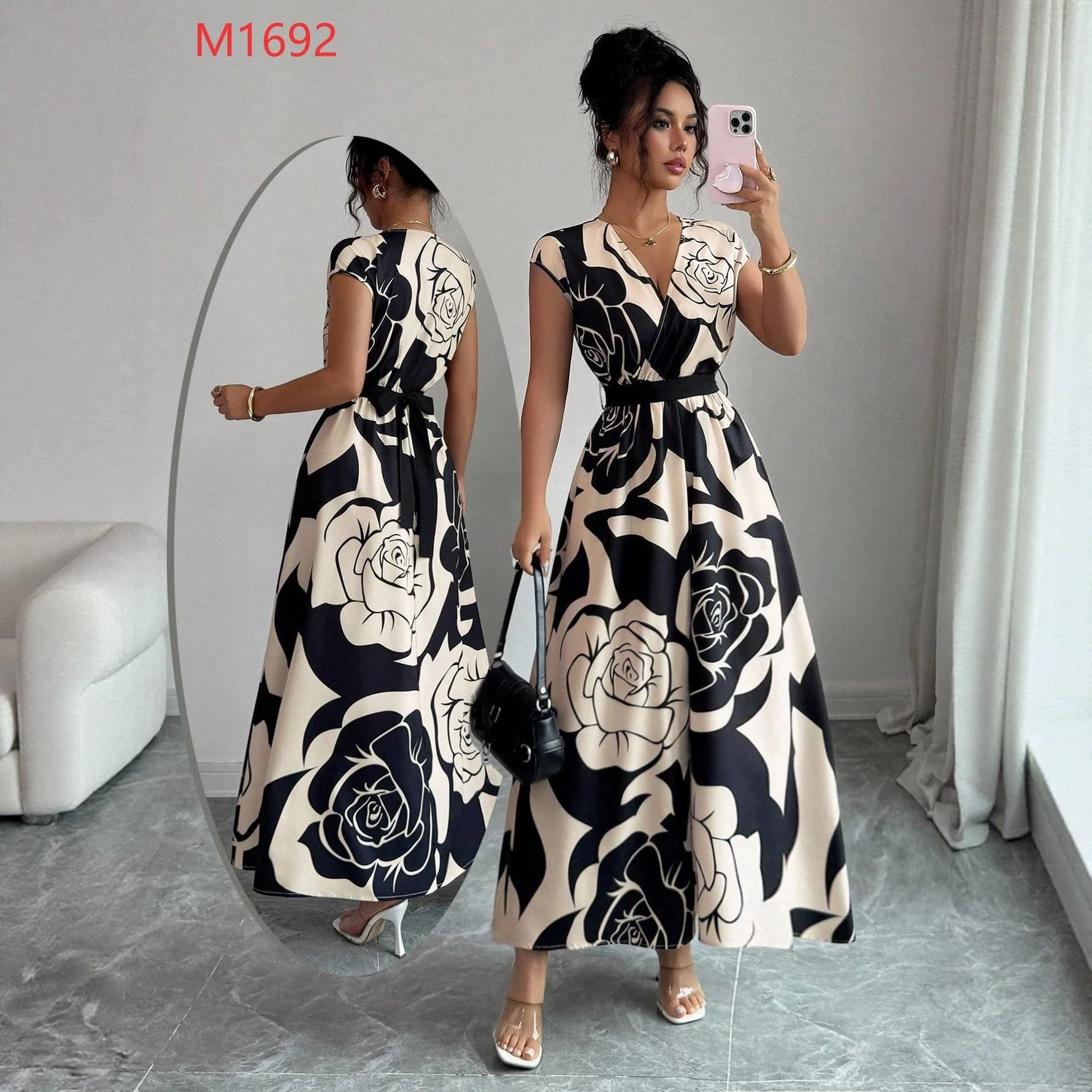 Amazon US/EU Cross-border Women's V-Neck Color-Block Print Wrap Dress Elegant Summer Batwing Sleeve Maxi Dress