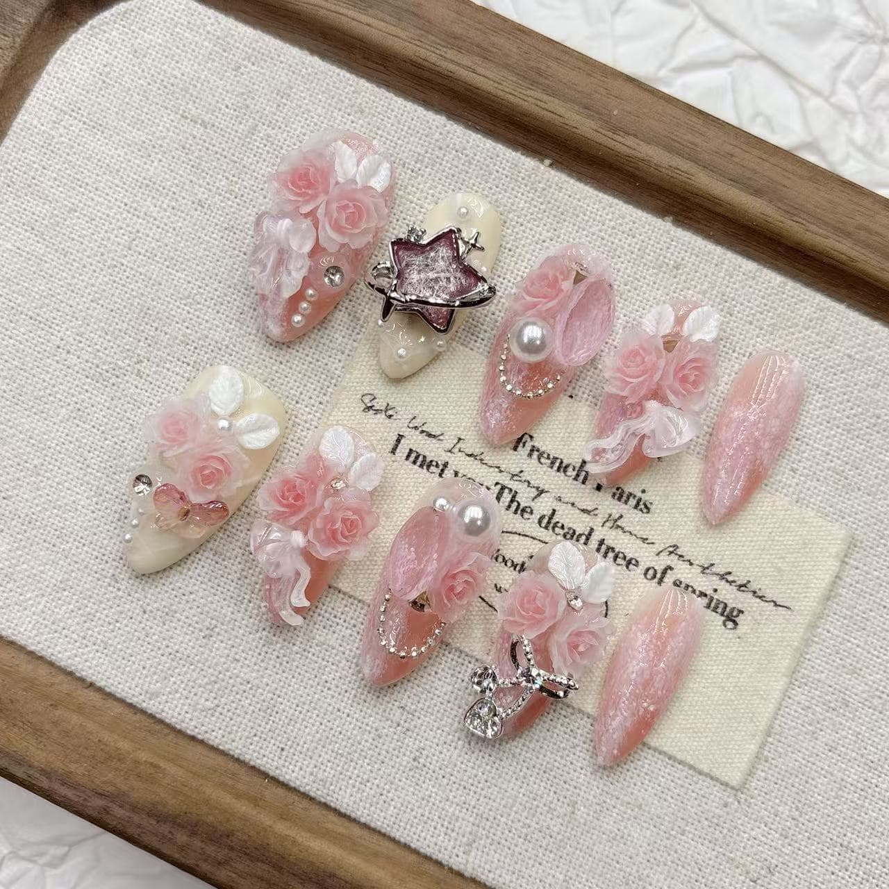 Pink Rose Short Almond Square Handmade Nails Premium Wholesale Wearable Nail Art