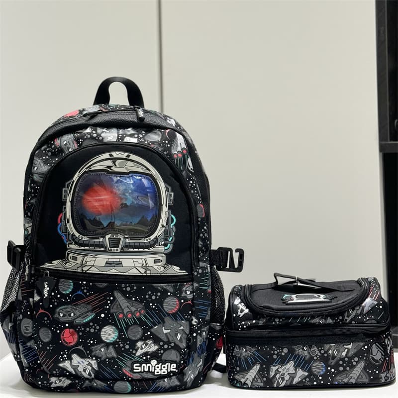 Smiggle school bag black astronaut decompression backpack multi-functional storage meal bag student backpack set gift