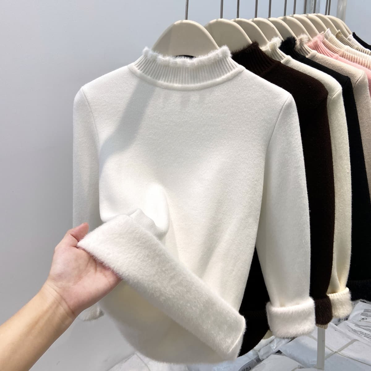 Women's Thick Knit Thermal Base Layer Top, Fall Winter Half High Neck with Ruffle Trim, Korean Style Simple Inner Wear